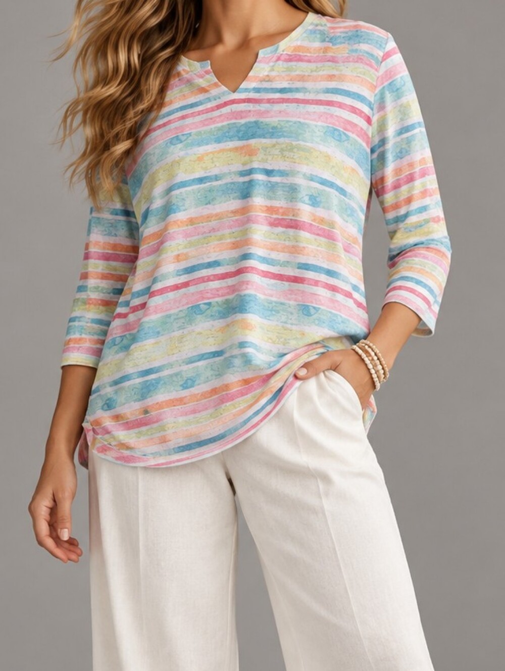 FDJ French Dressing Painted Pastel Stripe Notch Neck Ruched Knit Top